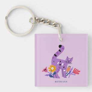  Paarse Calico Cat & Matisse Flowers Sleutelhanger