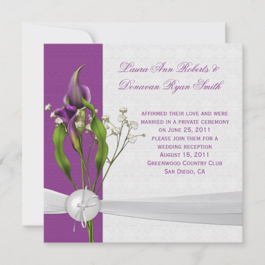 Paarse Calla Lilies White Damask Post Wedding Kaart (Voorkant)