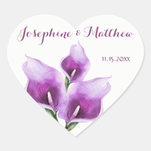 Paarse Calla Lillies Waterverf Trouwstickers Hart Sticker
