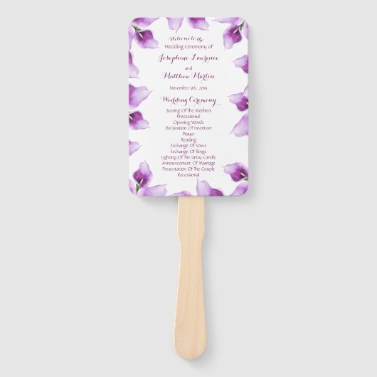 Paarse Calla Lily Bloemen Trouwceremonie Programma Handwaaier (Voorkant)