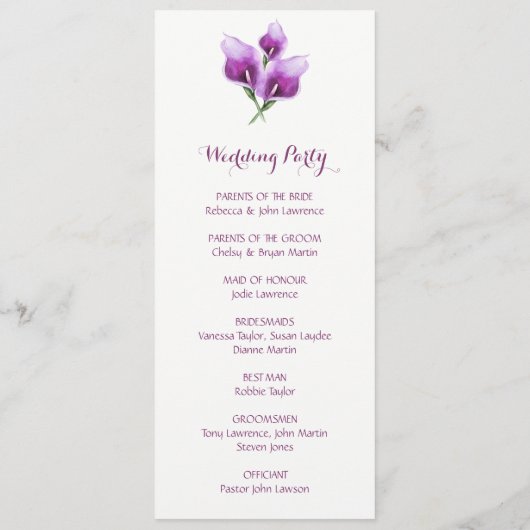 Paarse Calla Lily Bloemen Trouwceremonie Programma Programmakaart (Achterkant)