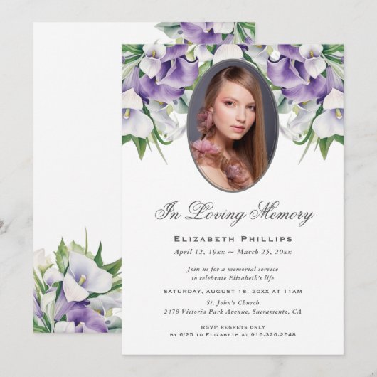 Paarse Calla Lily Foto Begrafenisdienst Kaart (Voorkant / Achterkant)