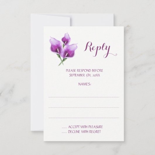 Paarse Calla Lily Monogram Trouwantwoord Kaarten RSVP Kaartje (Voorkant)