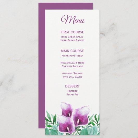 Paarse Calla Lily Waterverf Bloemenmenu Menu (Voorkant / Achterkant)