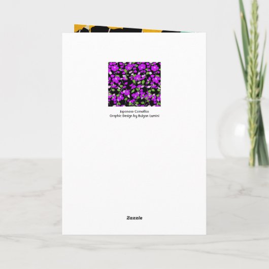 PAARSE CAMELLIAS, WITTE GROENEN LATEN ZWARTE VORM FEESTDAGEN KAART (Achterkant)