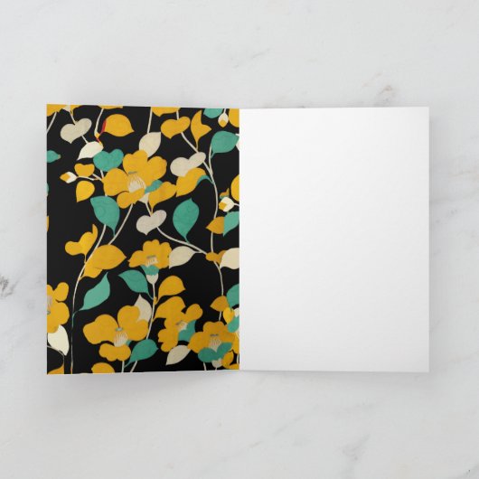 PAARSE CAMELLIAS, WITTE GROENEN LATEN ZWARTE VORM FEESTDAGEN KAART (Binnen)