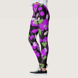 PAARSE CAMELLIAS, WITTE GROENEN LATEN ZWARTE VORM LEGGINGS