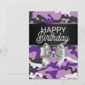 Paarse Camo & Bow Happy Birthday Day Kaart (Voorkant / Achterkant)