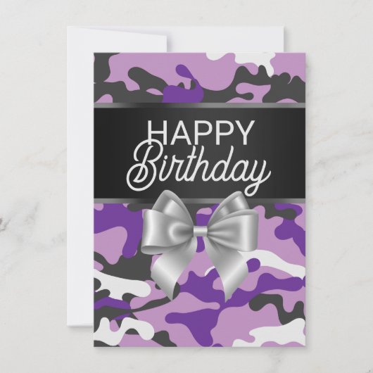Paarse Camo & Bow Happy Birthday Day Kaart (Voorkant)
