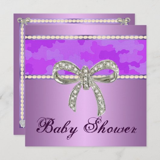Paarse Camo Diamond Bow Baby shower uitnodiging (Voorkant / Achterkant)