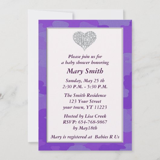 Paarse Camo Diamond Heart Baby shower uitnodiging (Achterkant)