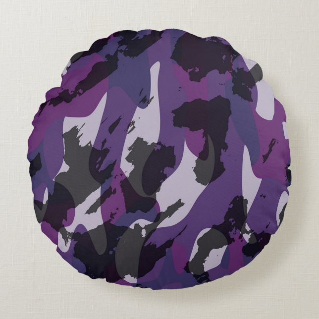 Paarse Camouflage Abstract Rond Kussen (Voorkant)