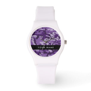 Paarse Camouflage Personaliseer je naam Horloge