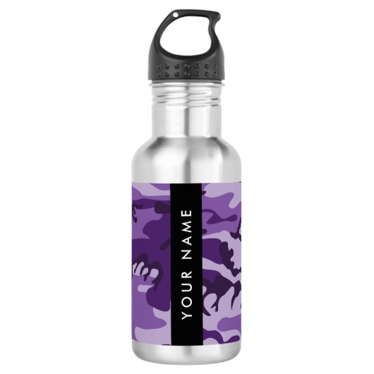 Paarse Camouflage Personaliseer je naam Waterfles (Voorkant)