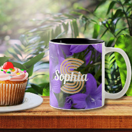 Paarse Campanula Bloemen Gebloemde Monogram Tweekleurige Koffiemok