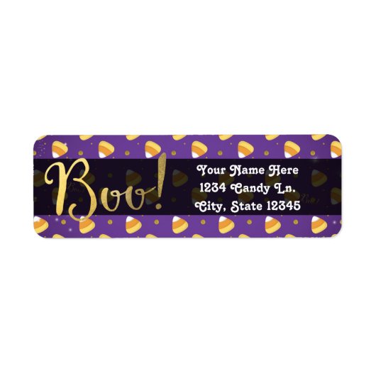 Paarse Candy Corn & Gold Stippen Whimsical Hallowe Etiket (Voorkant)