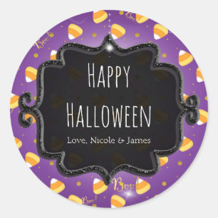 Paarse Candy Corn & Gold Stippen Whimsical Hallowe Ronde Sticker