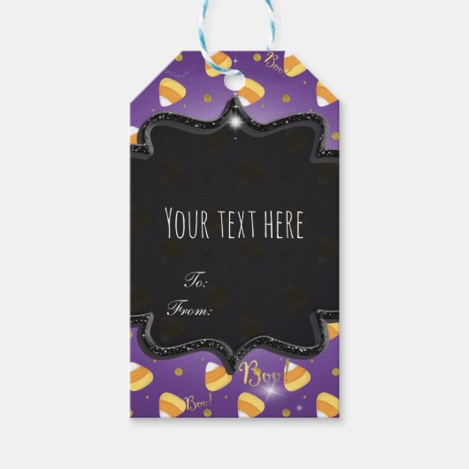 Paarse Candy Corn & Gouden Stippen Whimsical Hallo Cadeaulabel (Voorkant)