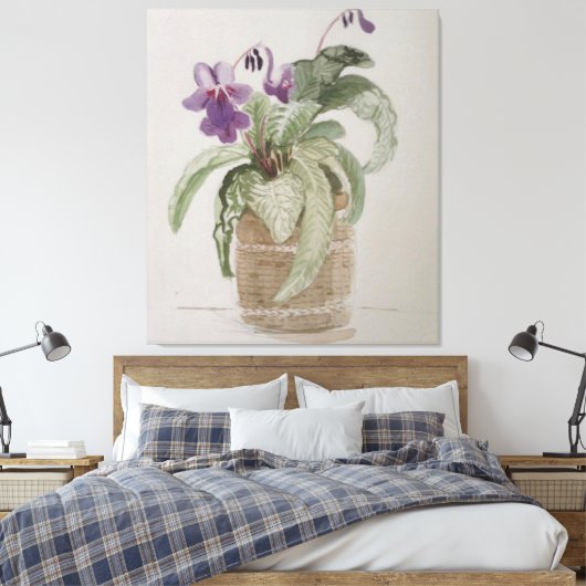 Paarse Cape Primrose Waterverf Canvas afdrukken (Insitu (Slaapkamer))