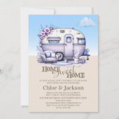Paarse caravan grappig housewarming party kaart (Voorkant)
