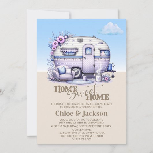 Paarse caravan grappig housewarming party kaart (Voorkant)