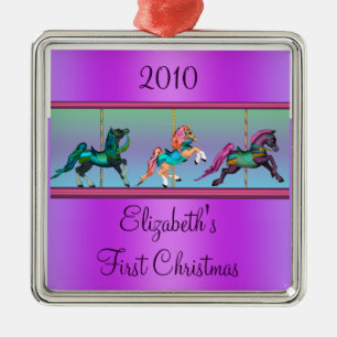 Paarse Carrousel Paarden Baby's Eerste Kerstmis Metalen Ornament