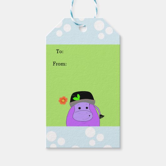 Paarse Cartoon Hippo Cadeaulabel (Voorkant)