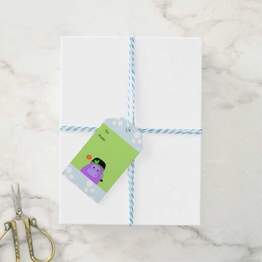 Paarse Cartoon Nijlpaard Cadeaulabel (Met Touw)