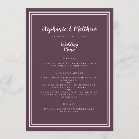 Paarse cassis Wedding Menu Simple Framed Chic (Voorkant)