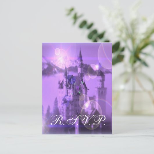  Paarse Castle Wedding RSVP Kaart (Staand voorkant)