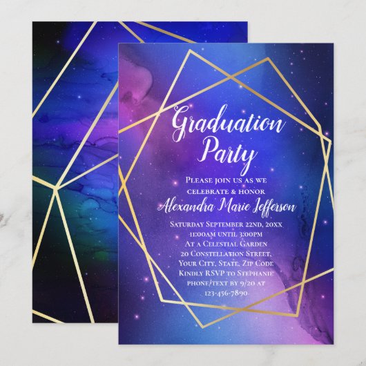 Paarse Celestial Geometric Gold Graduation Party Kaart (Voorkant / Achterkant)