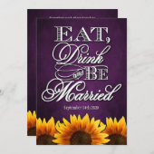 Paarse Chalkboard Sunflower Wedding Invitting Kaart (Voorkant / Achterkant)