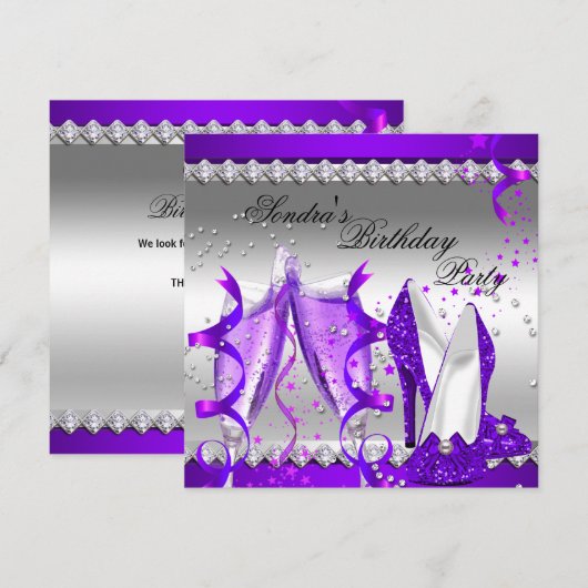 Paarse Champagne Glitter Shoes Birthday Party Kaart (Voorkant / Achterkant)