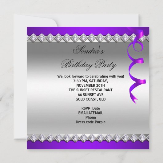 Paarse Champagne Glitter Shoes Birthday Party Kaart (Achterkant)
