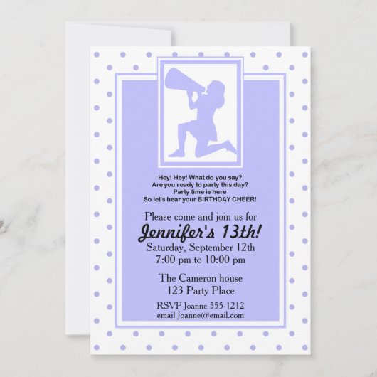 Paarse Cheerleader Birthday Invitation past zich a Kaart (Voorkant)