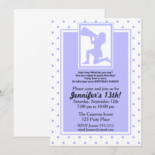 Paarse Cheerleader Birthday Invitation past zich a Kaart (Voorkant / Achterkant)