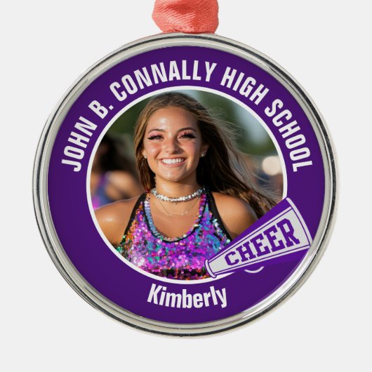 Paarse cheerleader foto middelbare school kerst metalen ornament (Voorkant)