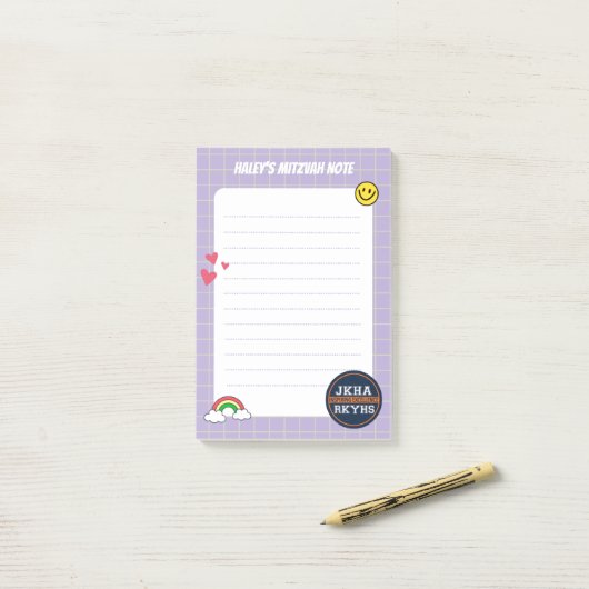 Paarse cheque Mitzvot Post-it® Notes (Op bureau)