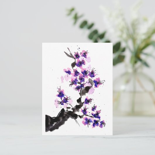 Paarse Cherry Blossom Briefkaart (Staand voorkant)