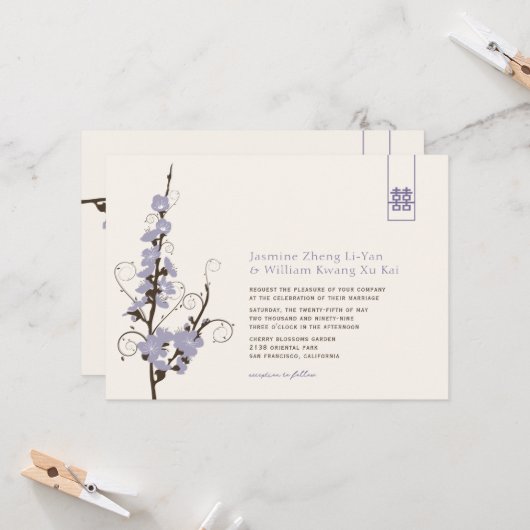 Paarse Cherry Blossom Sakura zwemt Aziatische brui Kaart (Voorkant / Achterkant in situ)