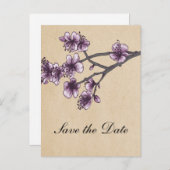 Paarse Cherry Blossom Save the Date Aankondigingskaart (Voorkant / Achterkant)