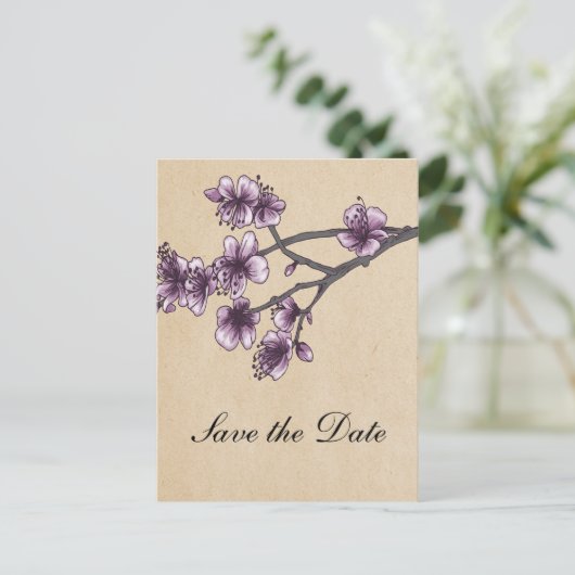 Paarse Cherry Blossom Save the Date Aankondigingskaart (Staand voorkant)
