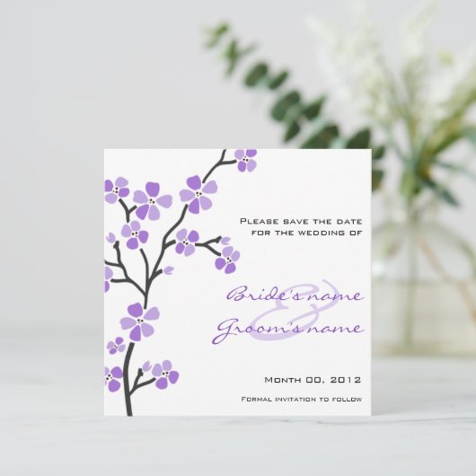 Paarse Cherry Blossom Save the Date Cards (Staand voorkant)
