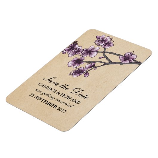 Paarse  Cherry Blossom Save the Date Magneet (Linkerzijde)