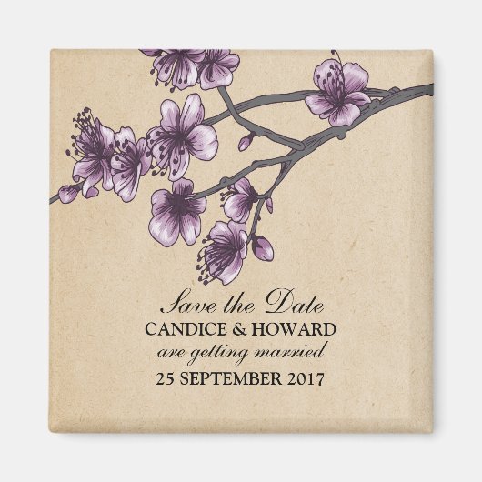 Paarse  Cherry Blossom Save the Date Magneet (Voorkant)