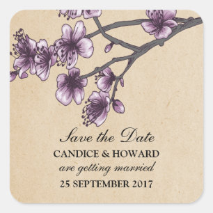 Paarse  Cherry Blossom Save the Date Vierkante Sticker
