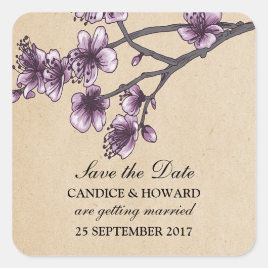 Paarse Cherry Blossom Save the Date Vierkante Sticker (Voorkant)
