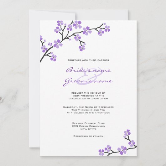 Paarse Cherry Blossom Wedding Invitations Kaart (Voorkant)