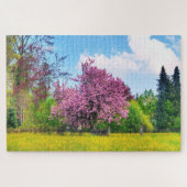 Paarse Cherry-boom op geel bloemveld Legpuzzel (Horizontaal)