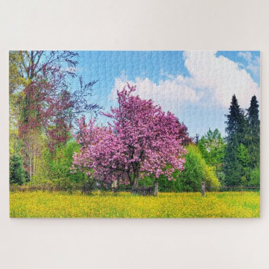 Paarse Cherry-boom op geel bloemveld Legpuzzel (Horizontaal)